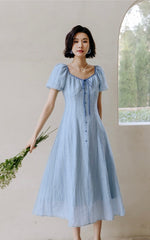 Load image into Gallery viewer, Tencel Puff Sleeve Dress in Blue
