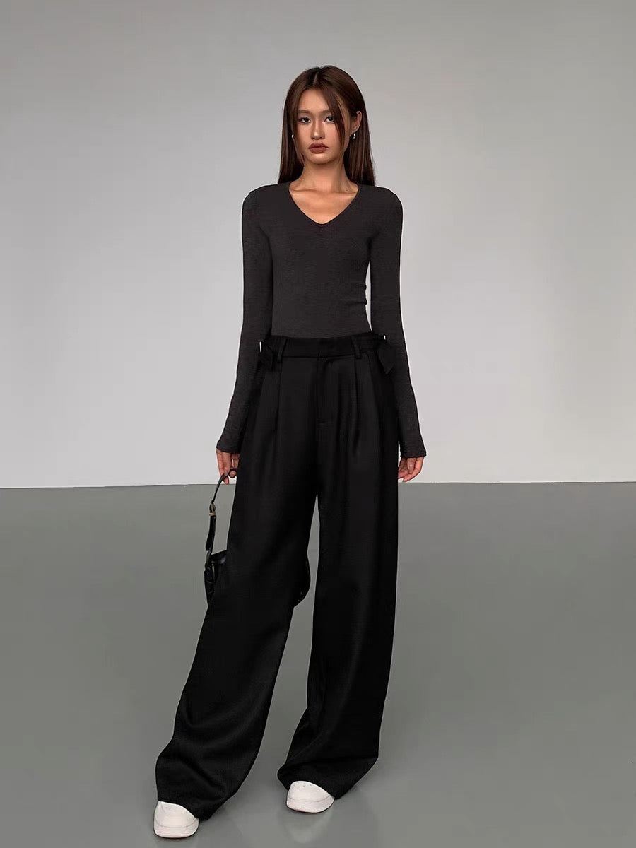 Relaxed Side Buckle Wide Leg Trousers in Black