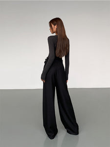 Relaxed Side Buckle Wide Leg Trousers in Black