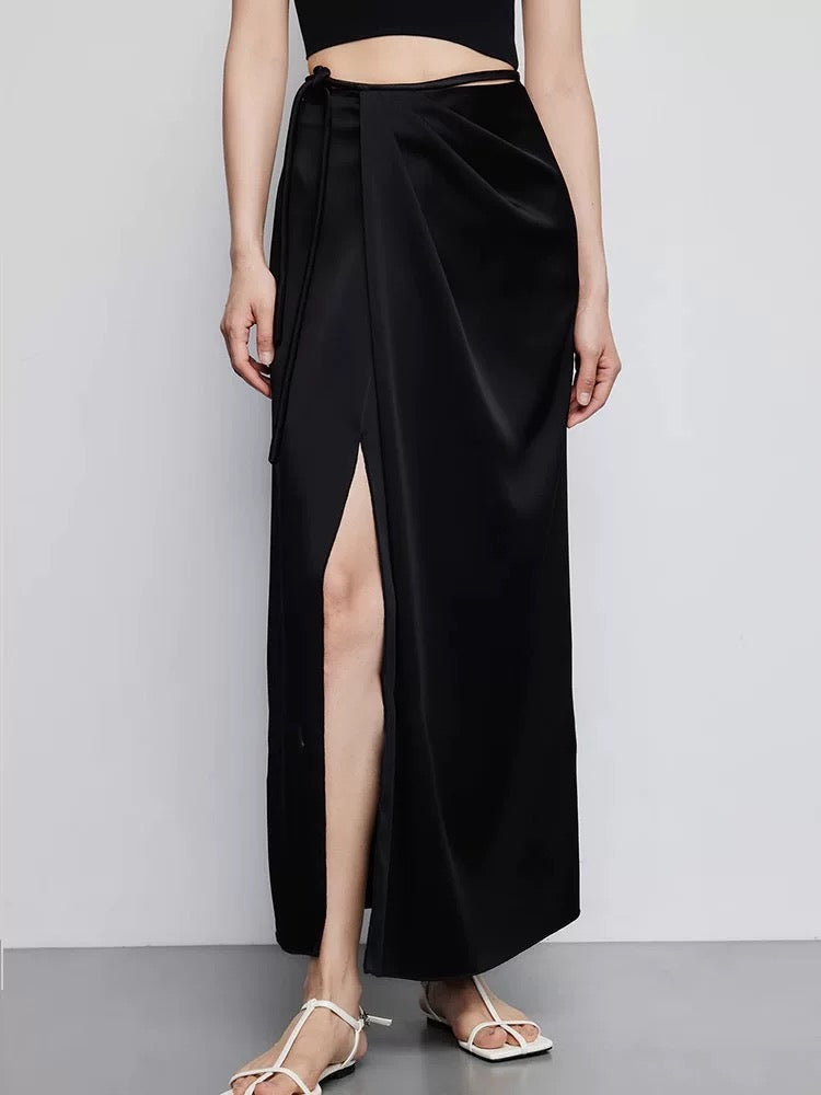 Satin Wrap Slit Maxi Skirt [3 Colours]