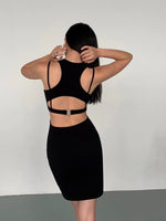 Load image into Gallery viewer, Cutout Back Buckle Bodycon Dress in Black
