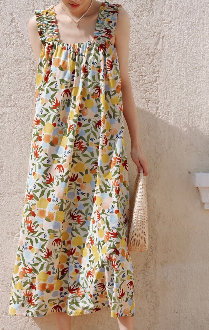 Floral Gathered Strap Maxi Dress in Multi