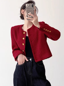 Contrast Button Tweed Jacket in Red