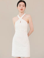 Load image into Gallery viewer, Keyhole Halter Lace Mini Dress in White

