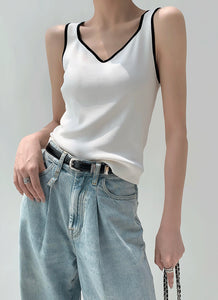 Contrast Edge Knit Tank Top in White