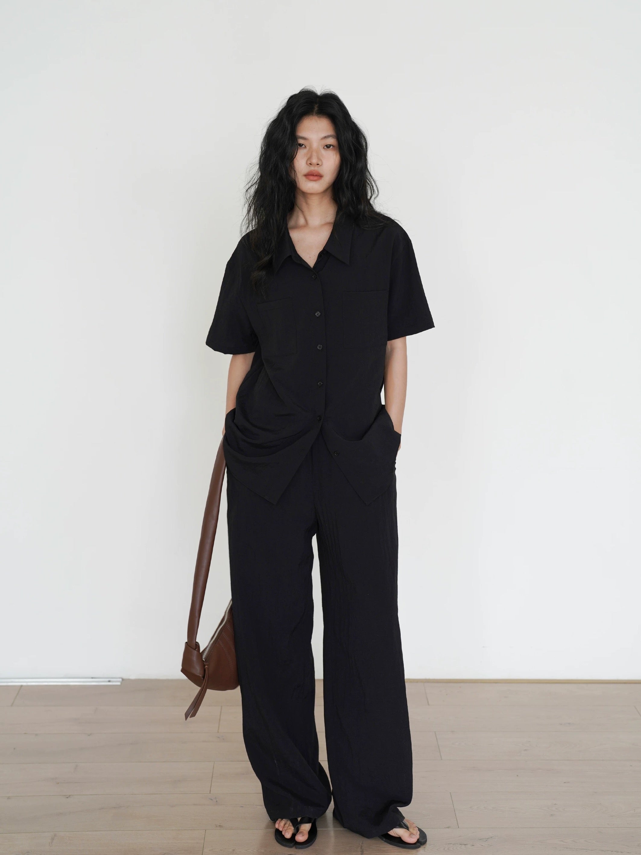 Classic Short Sleeve Shirt // Relaxed Pants Set in Black