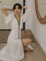 Load image into Gallery viewer, Blouson Sleeve Tassel Edge Maxi Dress in White
