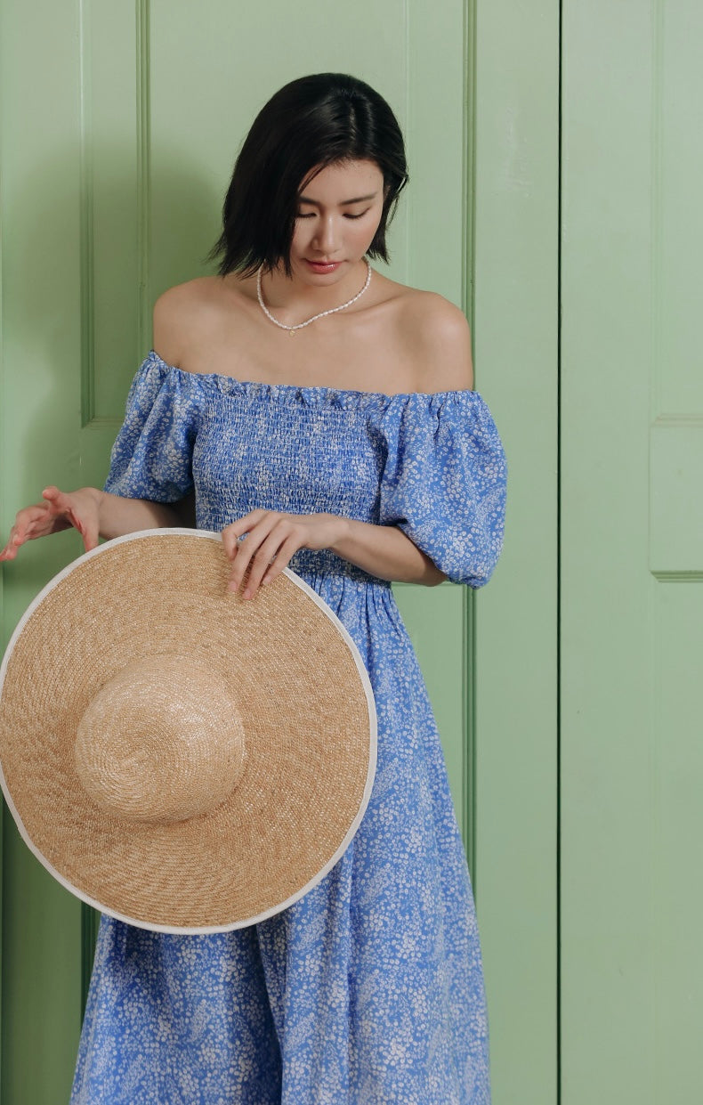 Off Shoulder Floral Blouson Dress in Blue