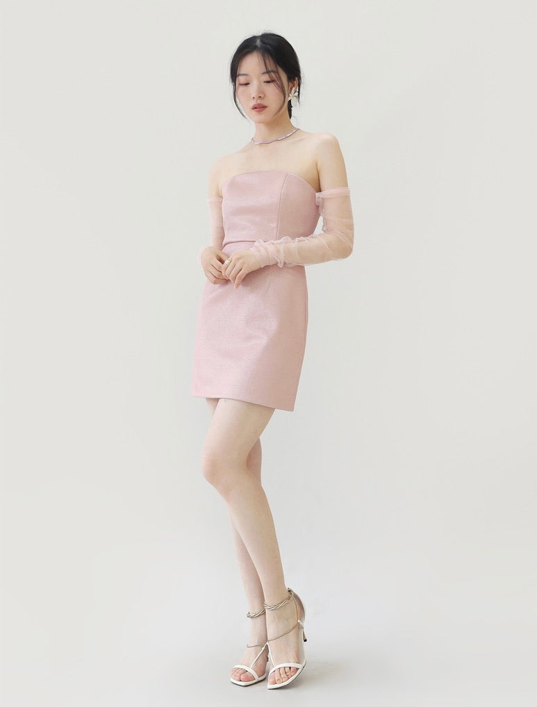 Hana Bustier Sheer Sleeve Dress in Pink