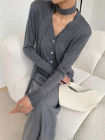 Load image into Gallery viewer, Light Knit Cardigan + Neck Tie in Grey
