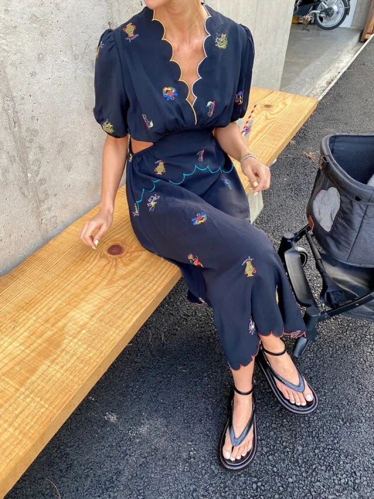 Embroidered Floral Cutout Dress in Navy