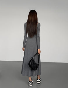 Long Sleeve Button Flare Maxi Dress in Grey