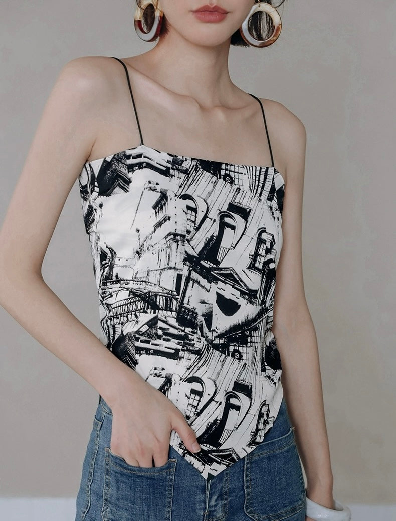 Printed Scarf Tie Camisole Top in White/Black