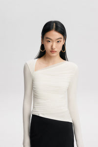 Asymmetric Neckline Tulle Shirring Top [2 Colours]