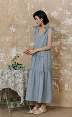 Load image into Gallery viewer, Ribbon Tie Tiered Maxi Dress in Blue
