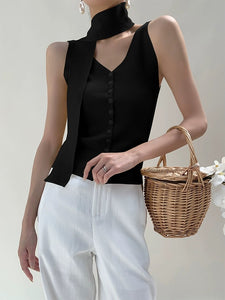 Knit Button Top + Neck Tie [2 Colours]