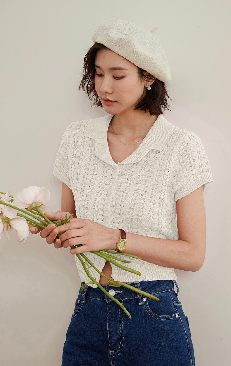 Knitted Polo Blouse in Cream