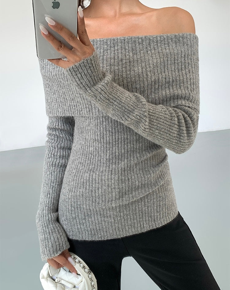 Off Shoulder Foldover Long Knit Top in Grey