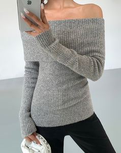 Off Shoulder Foldover Long Knit Top in Grey