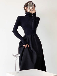 Turtleneck Maxi A-Line Dress in Black
