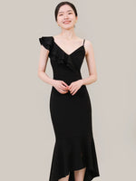 Load image into Gallery viewer, Ruffle Mermaid Midi Dress in Black
