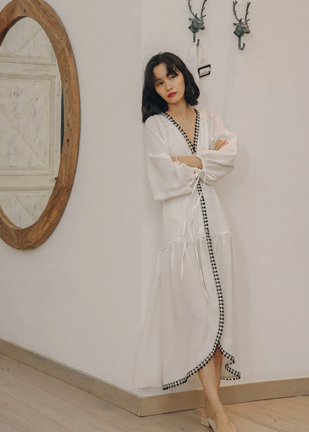 Blouson Sleeve Tassel Edge Maxi Dress in White