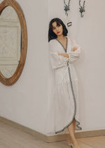 Load image into Gallery viewer, Blouson Sleeve Tassel Edge Maxi Dress in White

