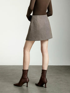 Herringbone Asymmetric Mini Skirt in Brown