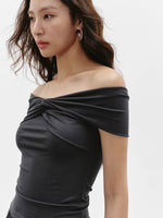 Load image into Gallery viewer, Tencel Off Shoulder Twist Top in Grey
