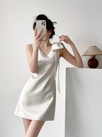 Load image into Gallery viewer, Satin Bow Pocket Mini Dress in White
