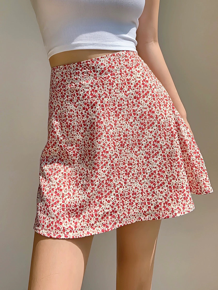 Floral A-Line Mini Skirt in Red