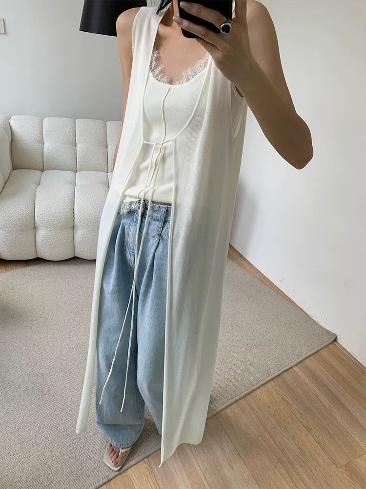 Light Knit Sleeveless Maxi Tie Cardigan in Cream