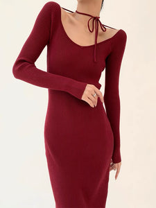 Knitted Ribbed Dress + Tie in Red