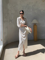 Load image into Gallery viewer, Satin Wrap Shirt Dress in Cream
