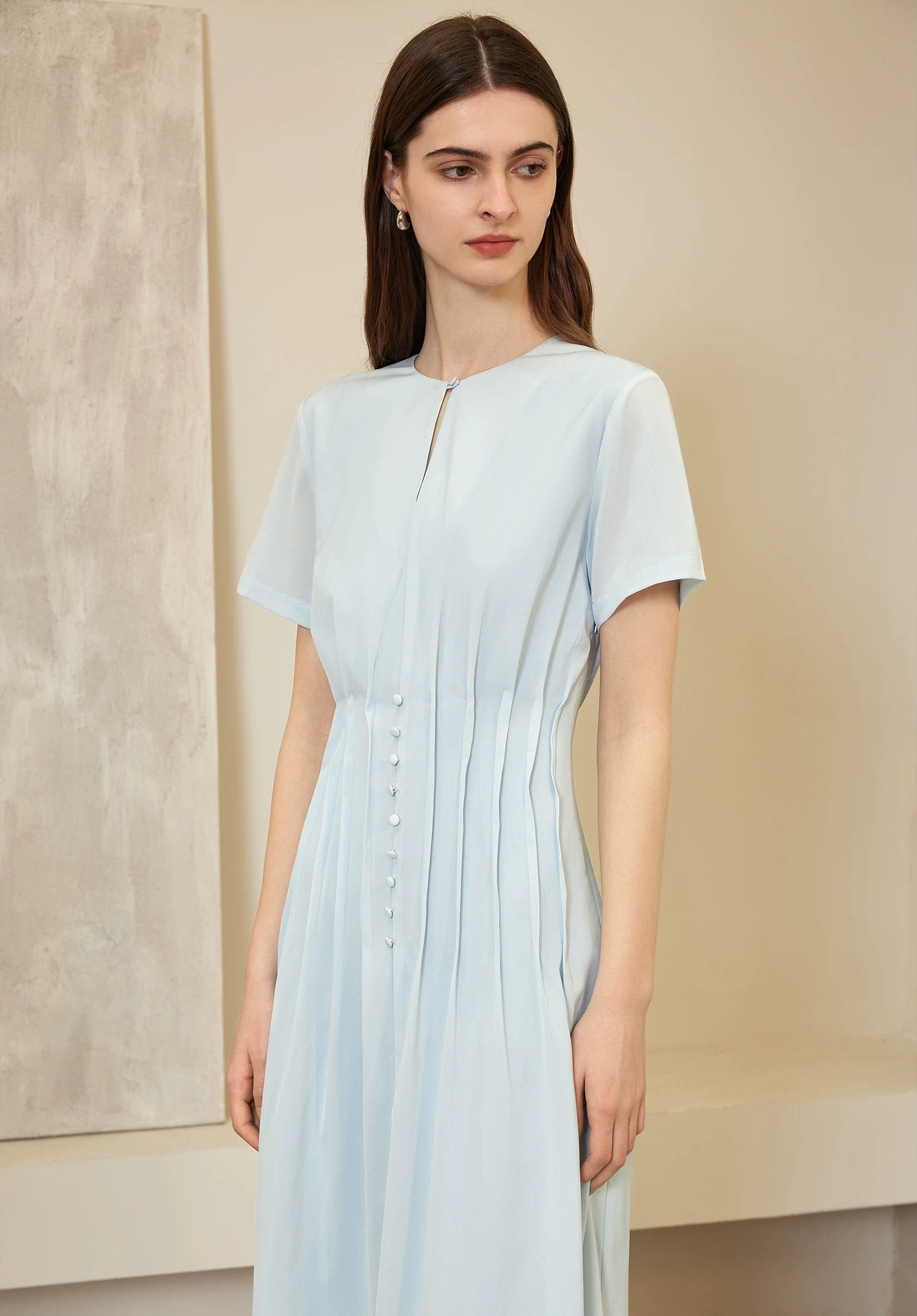 Button Pleat Dress in Blue