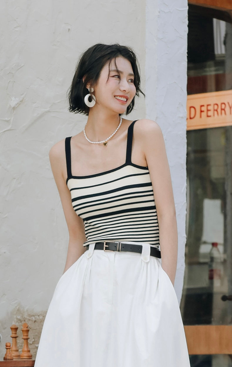 Striped Knit Camisole in Cream/Black