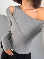 Load image into Gallery viewer, Off Shoulder Cutout Long Sleeve Top in Grey
