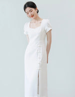 Load image into Gallery viewer, Sweetheart Puff Sleeve Slit Cheongsam in White
