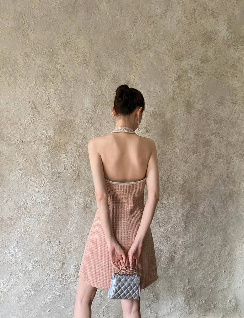 Tweed Halter Button Dress in Pink