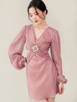 Load image into Gallery viewer, Textured Blouson Sleeve Mini Dress in Pink
