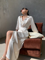 Load image into Gallery viewer, Satin Wrap Shirt Dress in Cream
