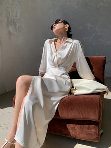 Satin Wrap Shirt Dress in Cream