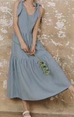 Load image into Gallery viewer, Ribbon Tie Tiered Maxi Dress in Blue
