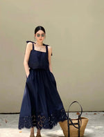 Load image into Gallery viewer, Laser Cut Tie Top + Skirt Set in Navy
