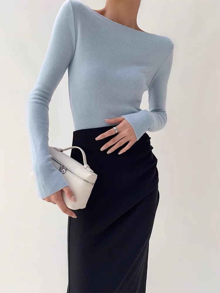 Knitted 2-Way Long Sleeve Top in Blue
