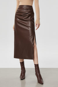 High Waist Pleather Midi Slit Skirt [2 Colours]