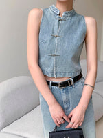 Load image into Gallery viewer, Denim Cheongsam Top + Maxi Skirt Set in Blue
