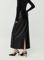 Load image into Gallery viewer, H-Line Faux Leather Slit Skirt in Black
