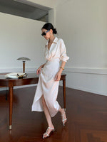 Load image into Gallery viewer, Satin Wrap Shirt Dress in Cream
