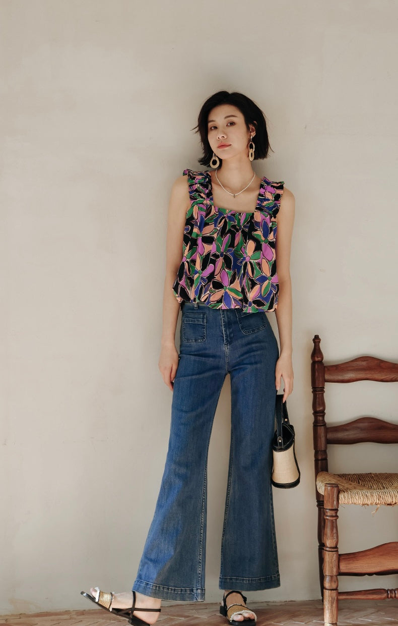 Floral Gathered Strap Bubble Top in Multi